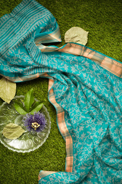 Peacock Blue Printed Cotton Dot Floral Zari Border Saree