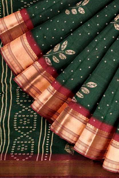 Green Printed Cotton LeafLine Print Zari Border Saree