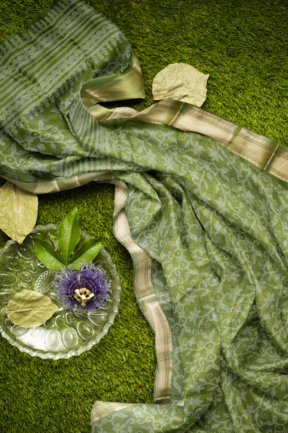 Olive Green Printed Cotton Dot Florals Zari Border Saree