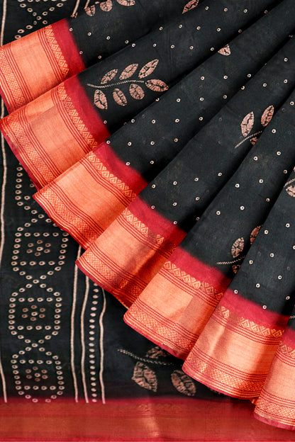 Black Printed Cotton LeafLine Print Zari Border Saree