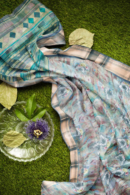 Blue Printed Cotton Floral Canvas Print Zari Border Saree