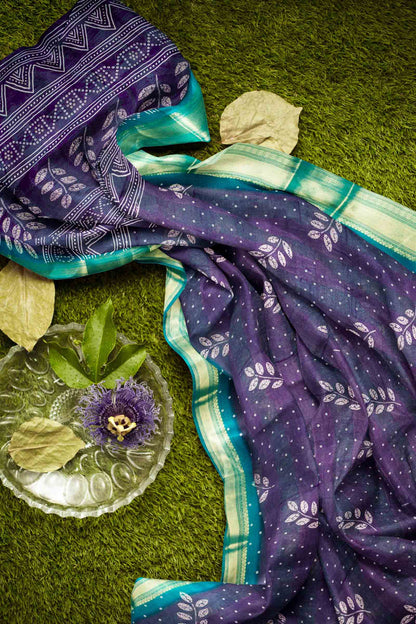 Violet Printed Cotton LeafLine Print Zari Border Saree