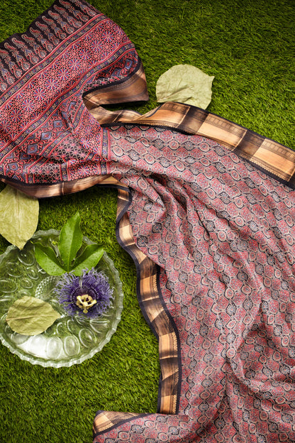 Black With Red Printed Cotton Ajrakh Style Print Zari Border Saree