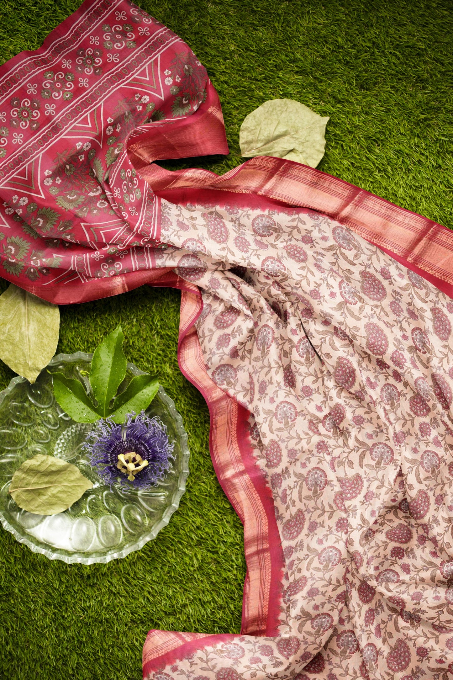 Off White Printed Cotton Bloom Power Red Zari Border Saree