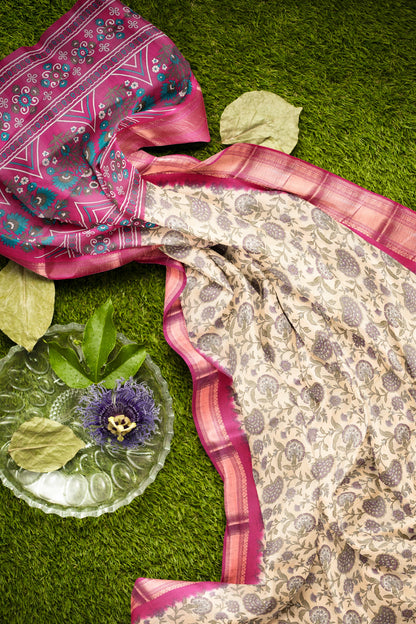 Off White Printed Cotton Bloom Power Pink Zari Border Saree
