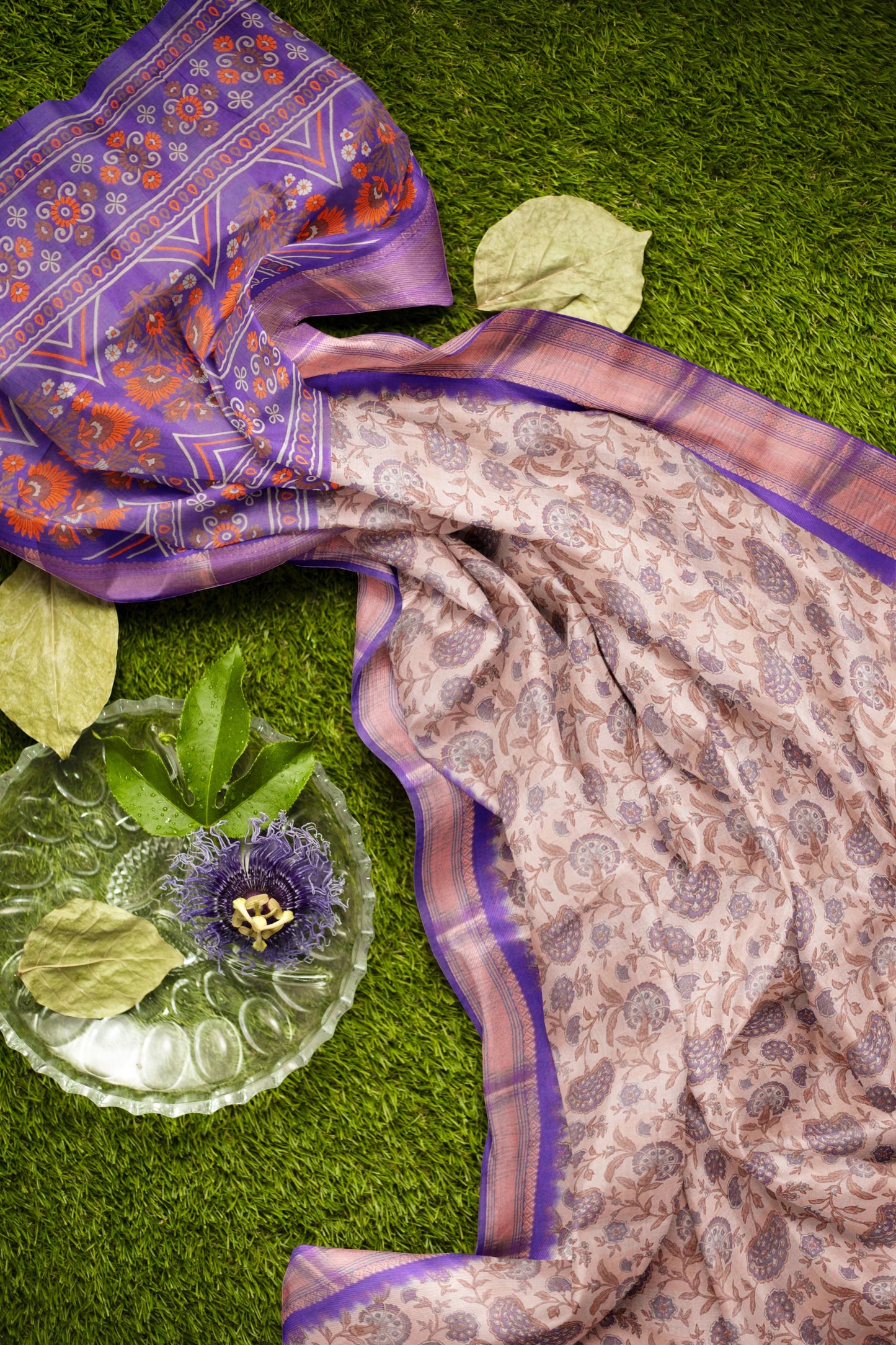 Off White Printed Cotton Floral Power Violet Zari Border Saree