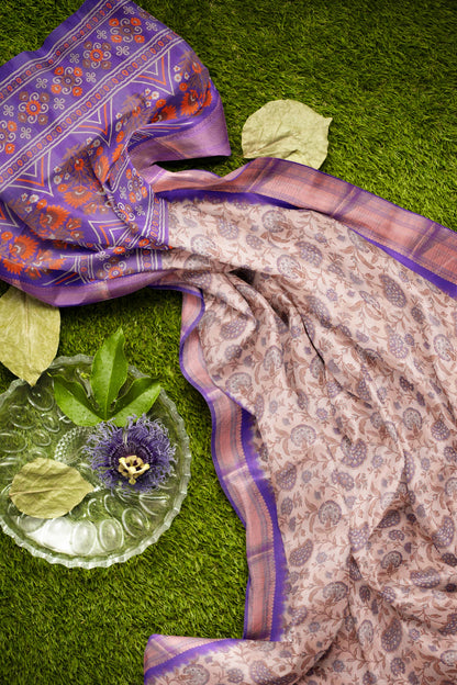 Off White Printed Cotton Floral Power Violet Zari Border Saree