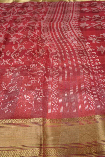 Dark Maroon Printed Cotton Rangoli Dots Zari Border Saree