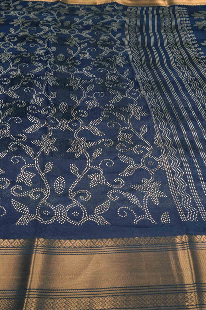 Royal Blue Printed Cotton Dot Florals Zari Border Saree