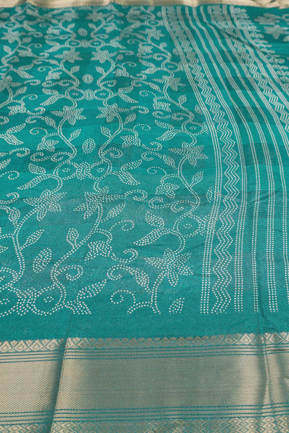 Peacock Blue Printed Cotton Dot Floral Zari Border Saree