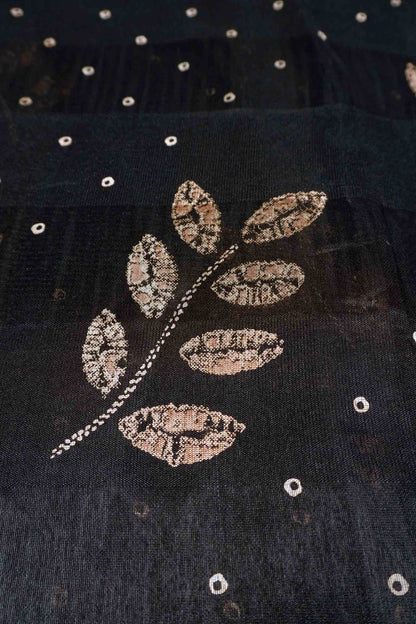 Black Printed Cotton LeafLine Print Zari Border Saree
