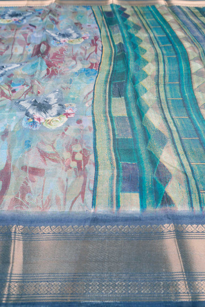 Blue Printed Cotton Floral Canvas Print Zari Border Saree