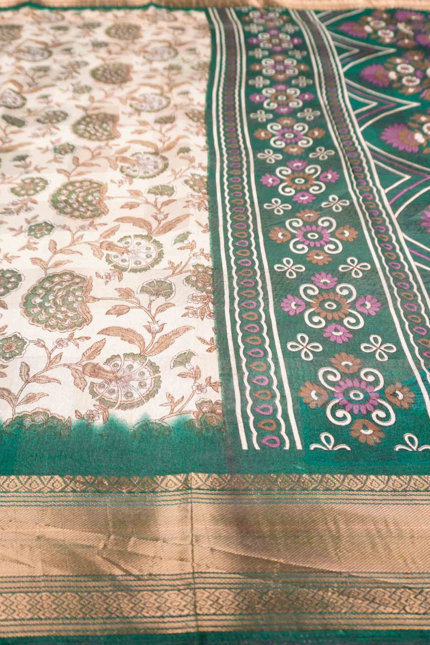 Off White Printed Cotton Floral Power Green Zari Border Saree