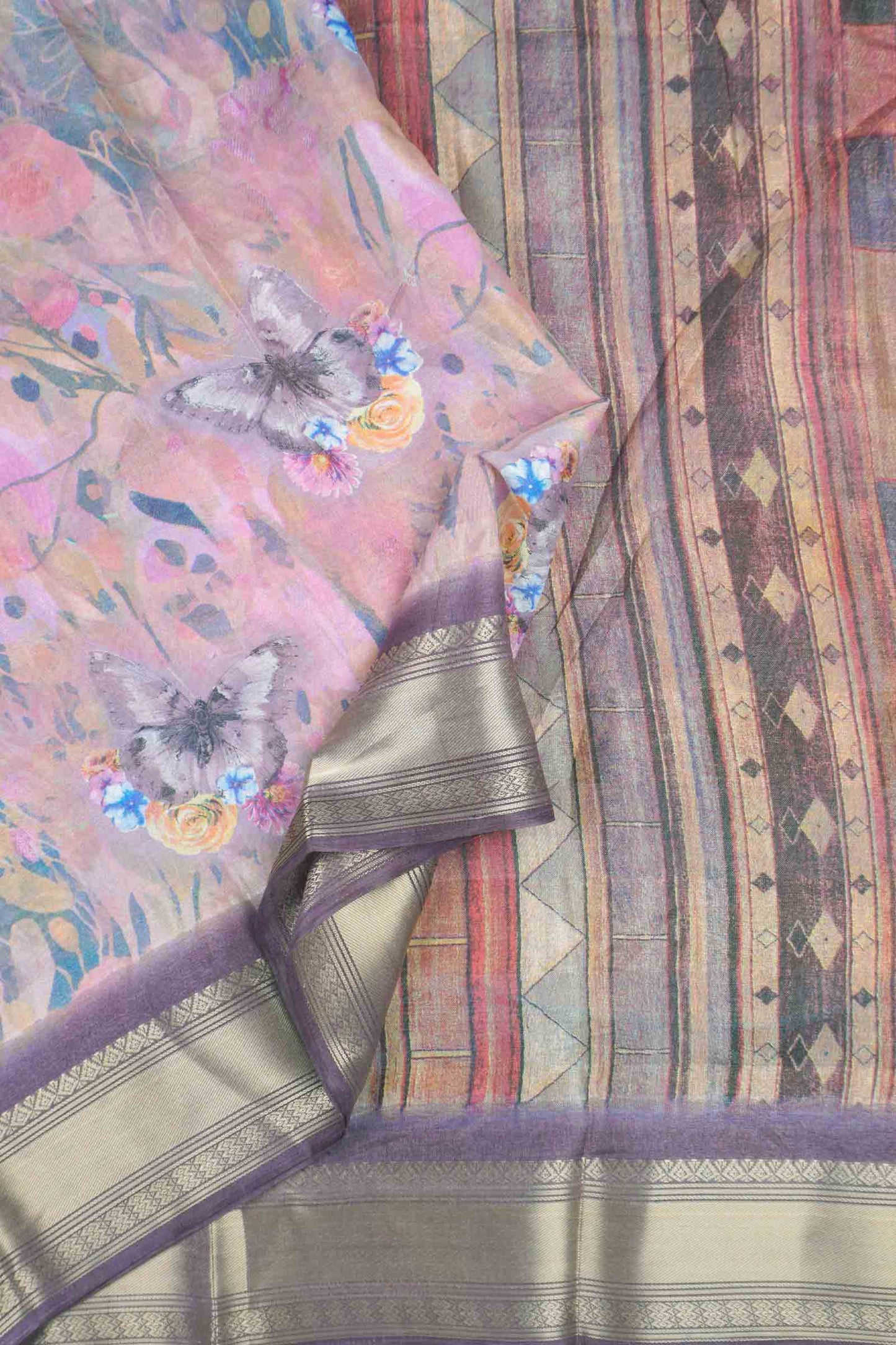 Brown With Pink Printed Cotton Floral Wonderland Zari Border Saree