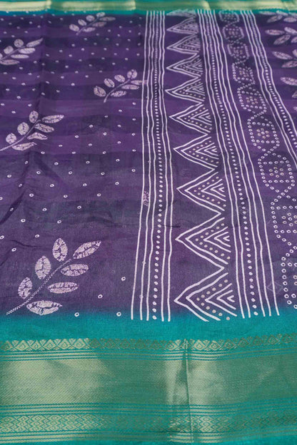 Violet Printed Cotton LeafLine Print Zari Border Saree