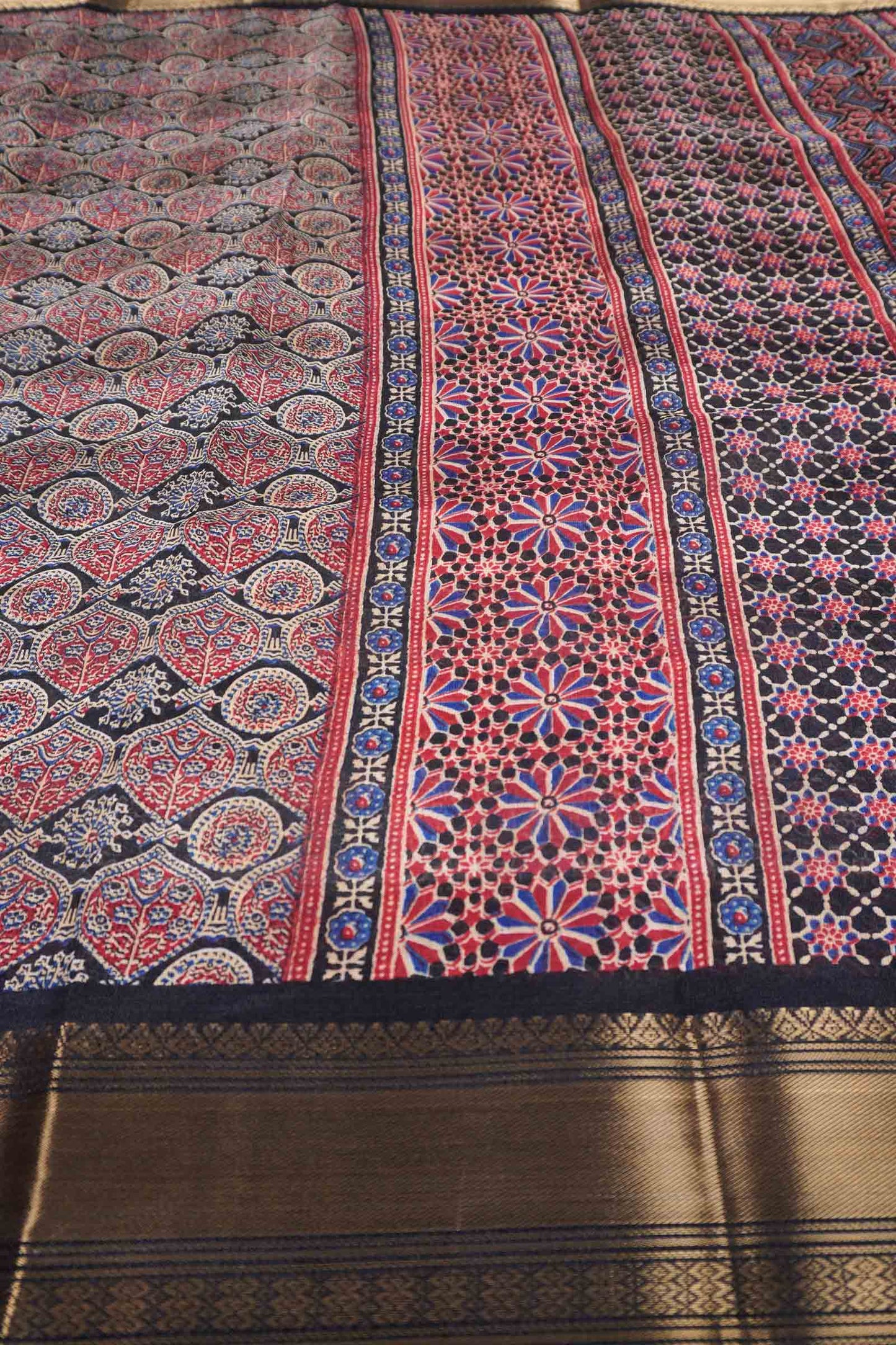 Black With Red Printed Cotton Ajrakh Style Print Zari Border Saree