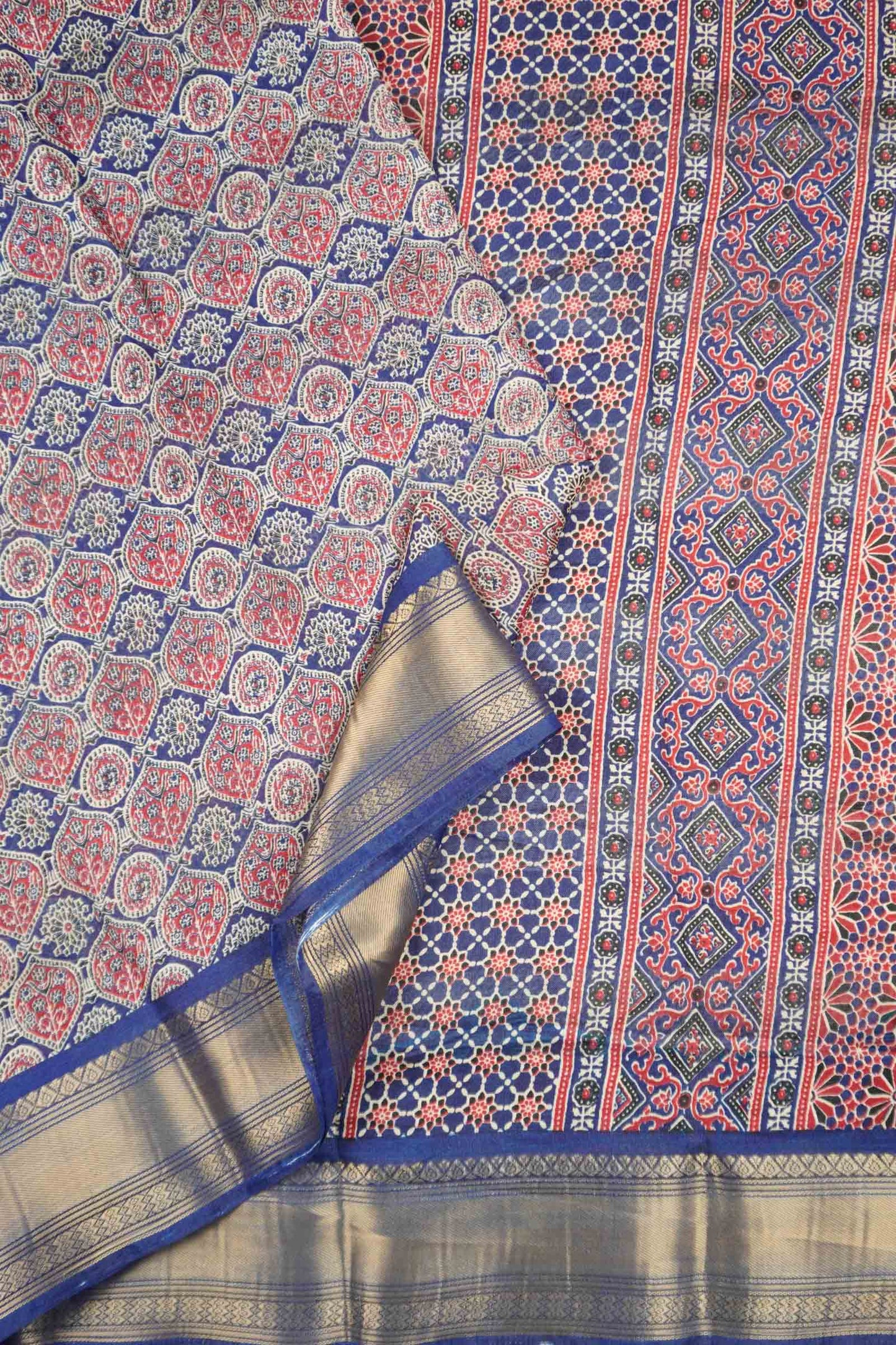 Navy Blue Printed Cotton Ajrakh Style Print Zari Border Saree