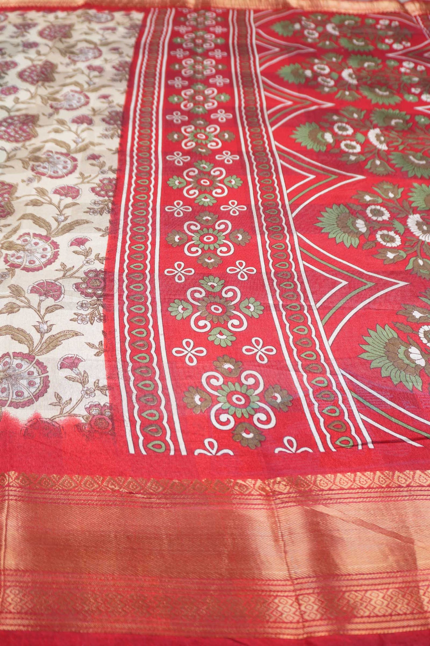 Off White Printed Cotton Bloom Power Red Zari Border Saree