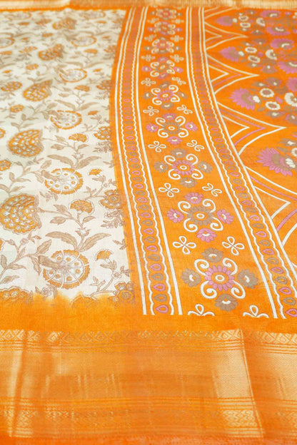 Off White Printed Cotton Floral Power Yellow Zari Border Saree