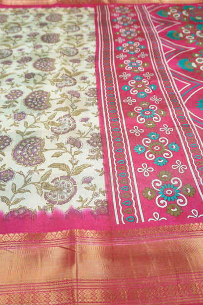 Off White Printed Cotton Bloom Power Pink Zari Border Saree