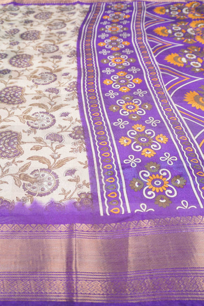 Off White Printed Cotton Floral Power Violet Zari Border Saree