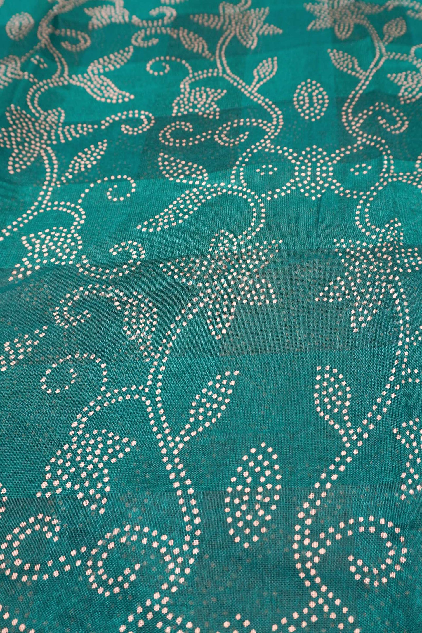 Peacock Blue Printed Cotton Dot Floral Zari Border Saree
