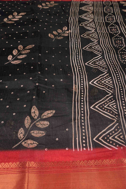 Black Printed Cotton LeafLine Print Zari Border Saree