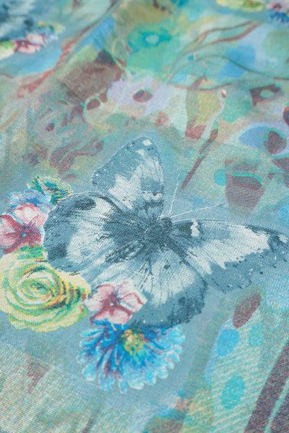 Blue Printed Cotton Floral Canvas Print Zari Border Saree