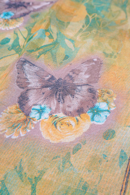 Green Printed Cotton Floral Wonderland Print Zari Border Saree