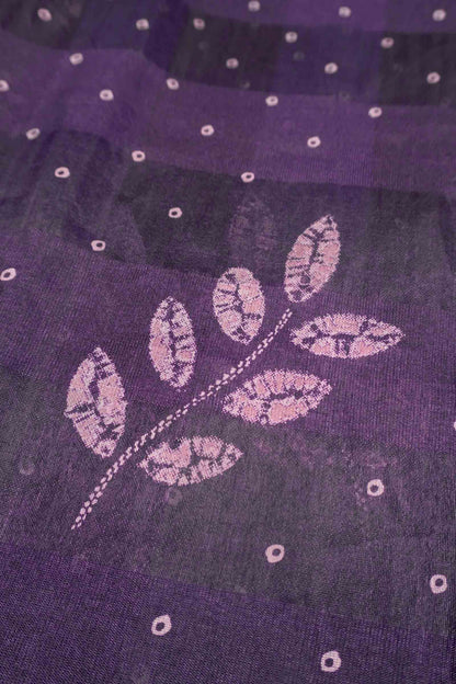 Violet Printed Cotton LeafLine Print Zari Border Saree