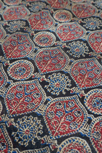 Black With Red Printed Cotton Ajrakh Style Print Zari Border Saree