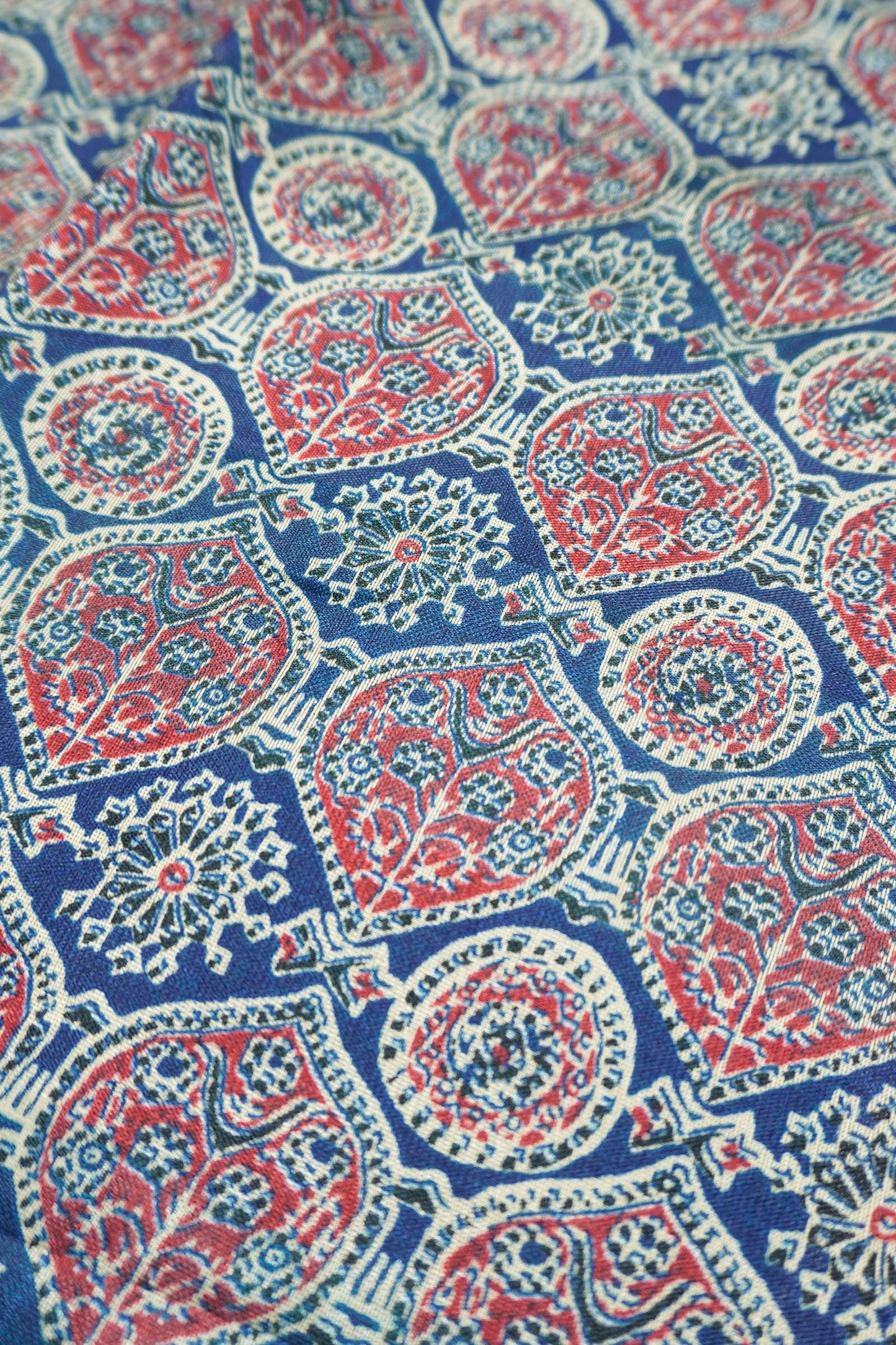 Navy Blue Printed Cotton Ajrakh Style Print Zari Border Saree