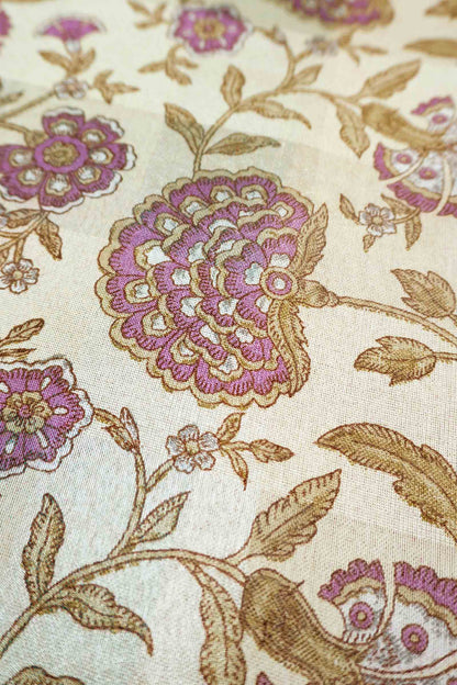 Off White Printed Cotton Bloom Power Pink Zari Border Saree