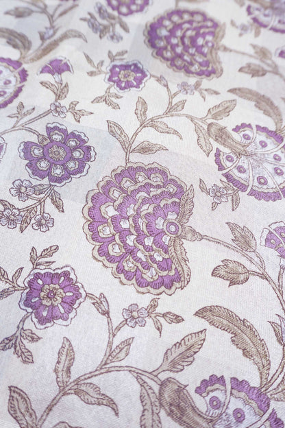 Off White Printed Cotton Floral Power Violet Zari Border Saree