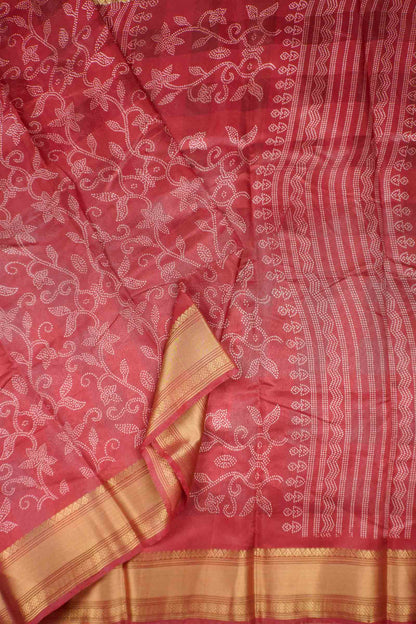 Dark Maroon Printed Cotton Rangoli Dots Zari Border Saree