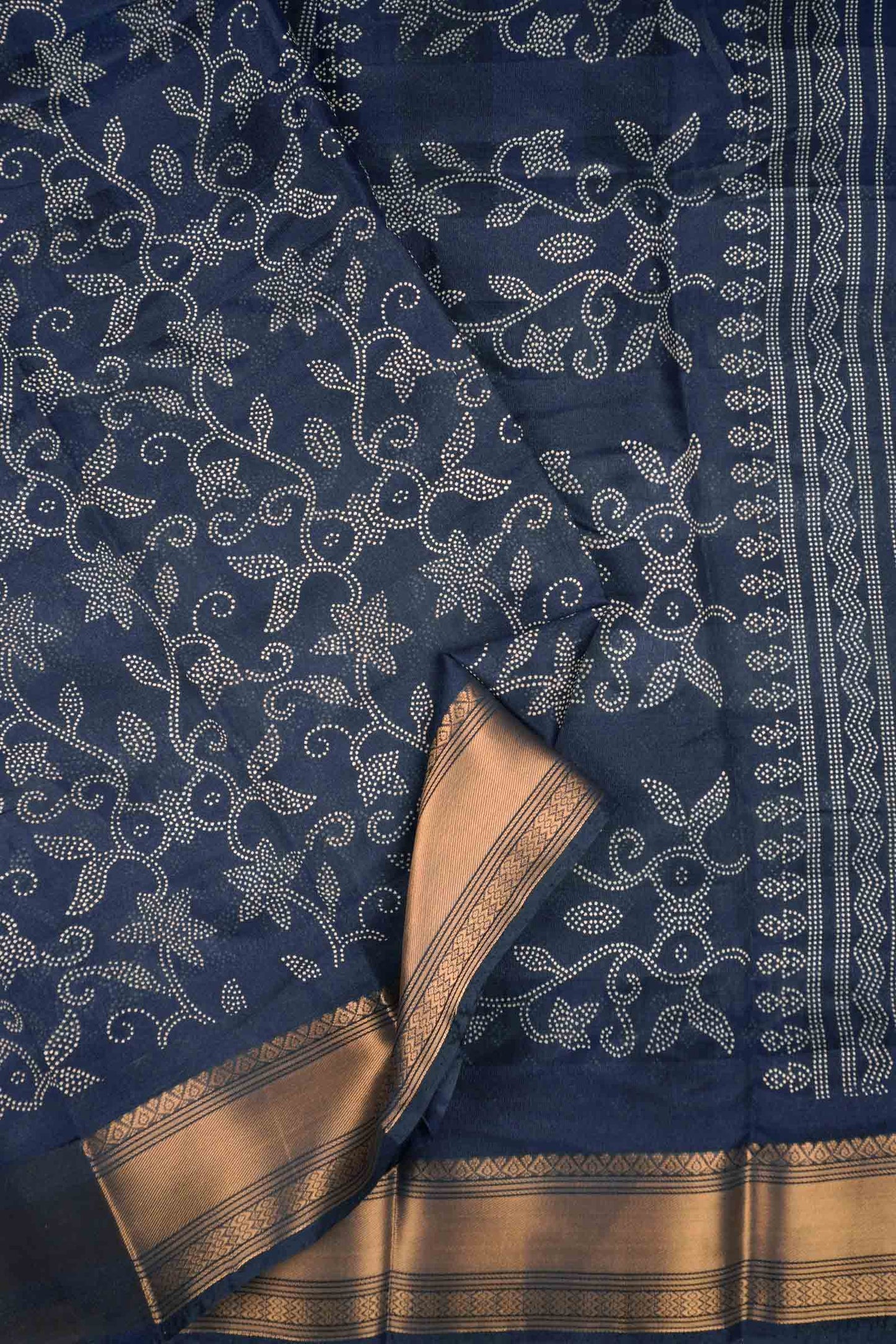 Royal Blue Printed Cotton Dot Florals Zari Border Saree