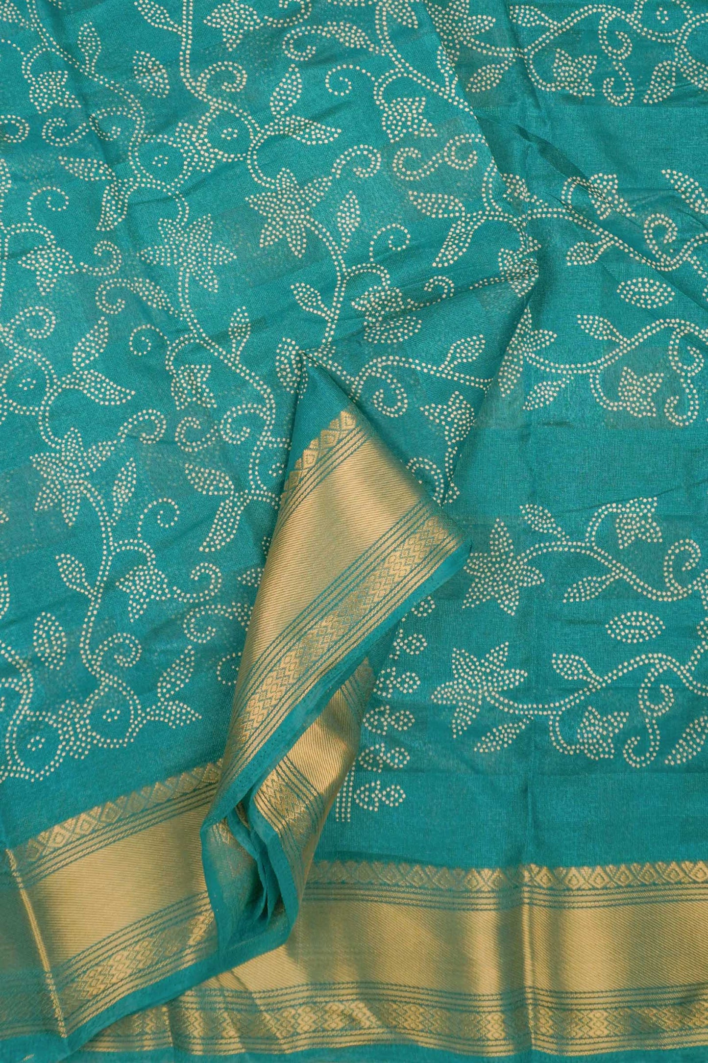 Peacock Blue Printed Cotton Dot Floral Zari Border Saree