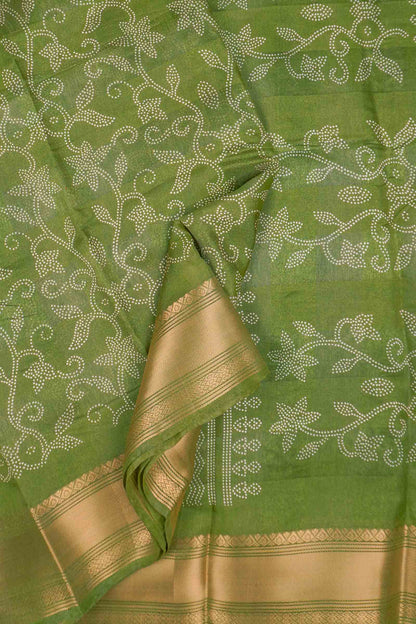 Olive Green Printed Cotton Dot Florals Zari Border Saree