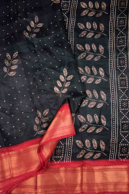Black Printed Cotton LeafLine Print Zari Border Saree