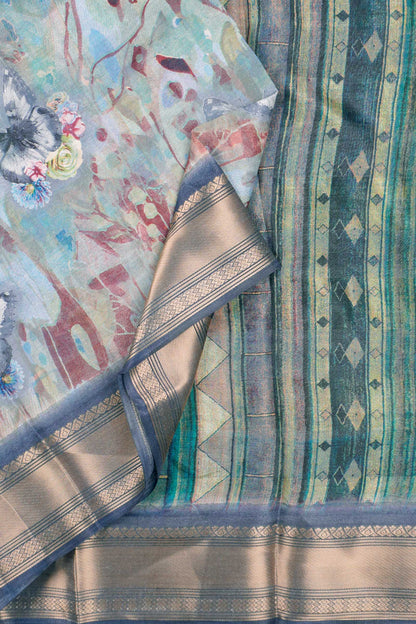 Blue Printed Cotton Floral Canvas Print Zari Border Saree