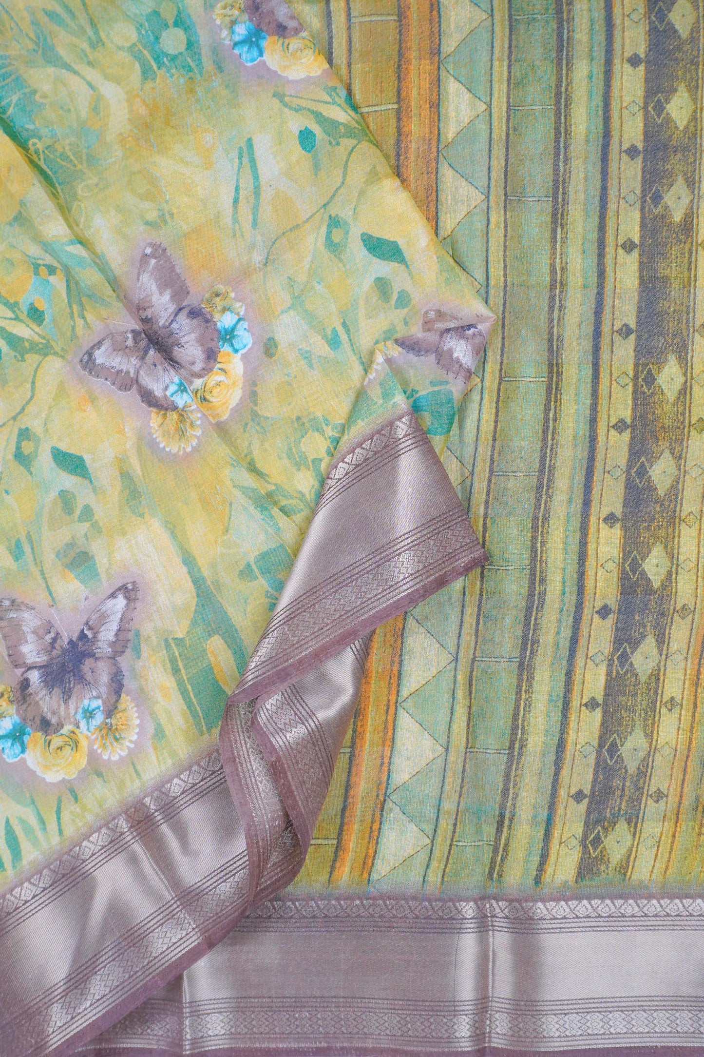 Light Green Printed Cotton Floral Wonderland Zari Border Saree