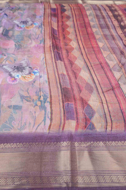 Brown With Pink Printed Cotton Floral Wonderland Zari Border Saree