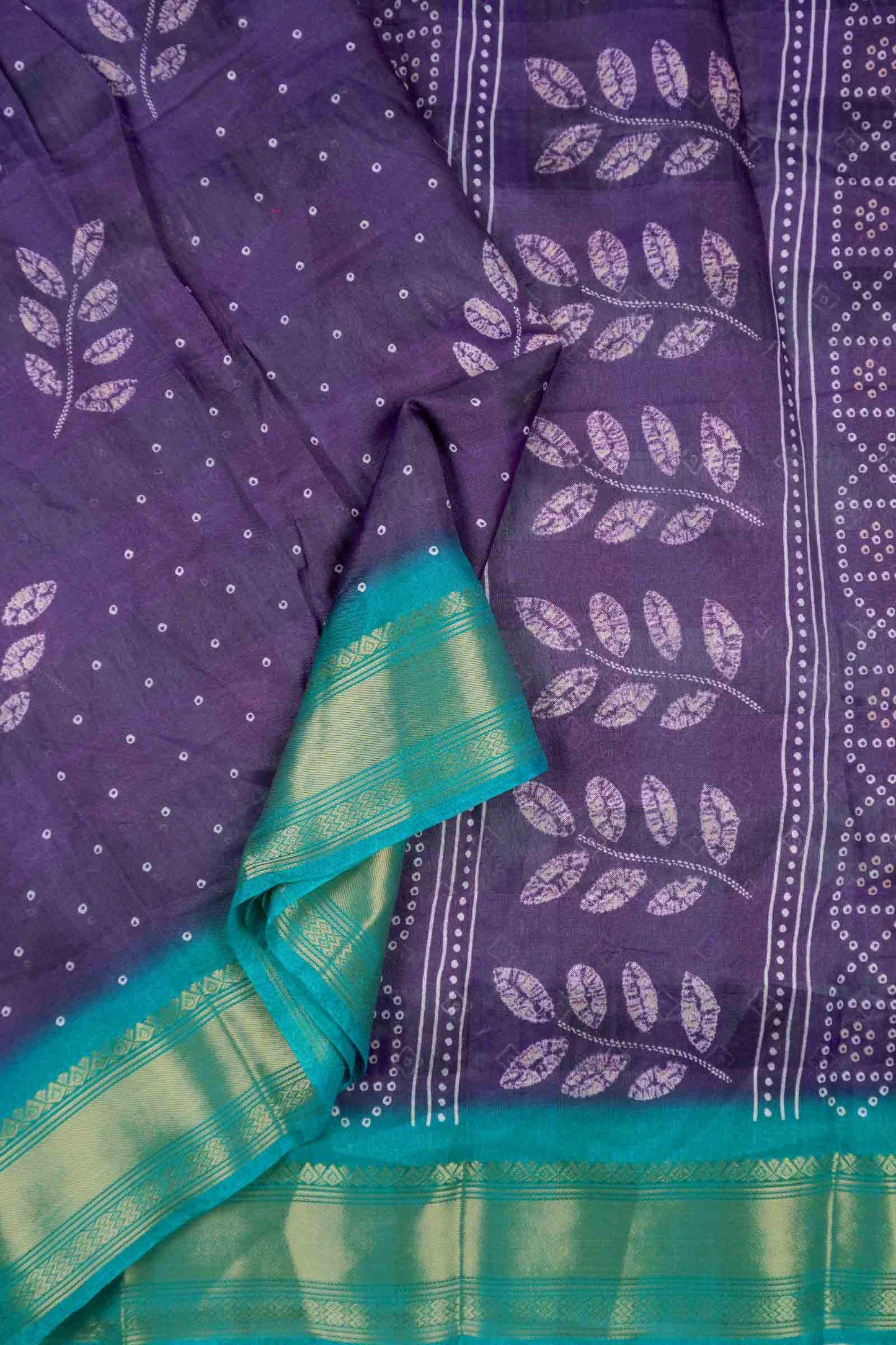 Violet Printed Cotton LeafLine Print Zari Border Saree