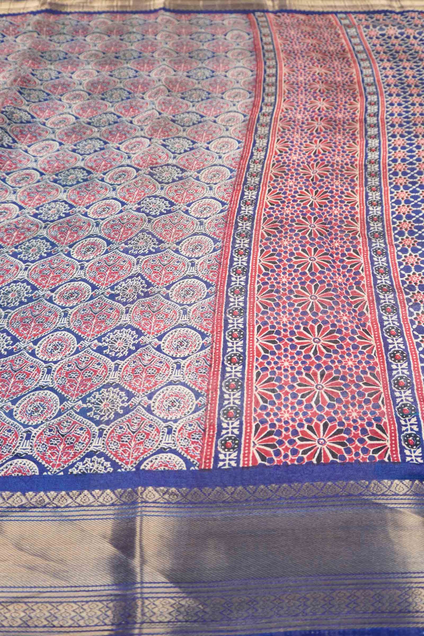 Navy Blue Printed Cotton Ajrakh Style Print Zari Border Saree