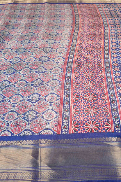 Navy Blue Printed Cotton Ajrakh Style Print Zari Border Saree