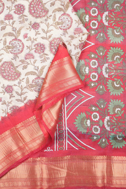 Off White Printed Cotton Bloom Power Red Zari Border Saree