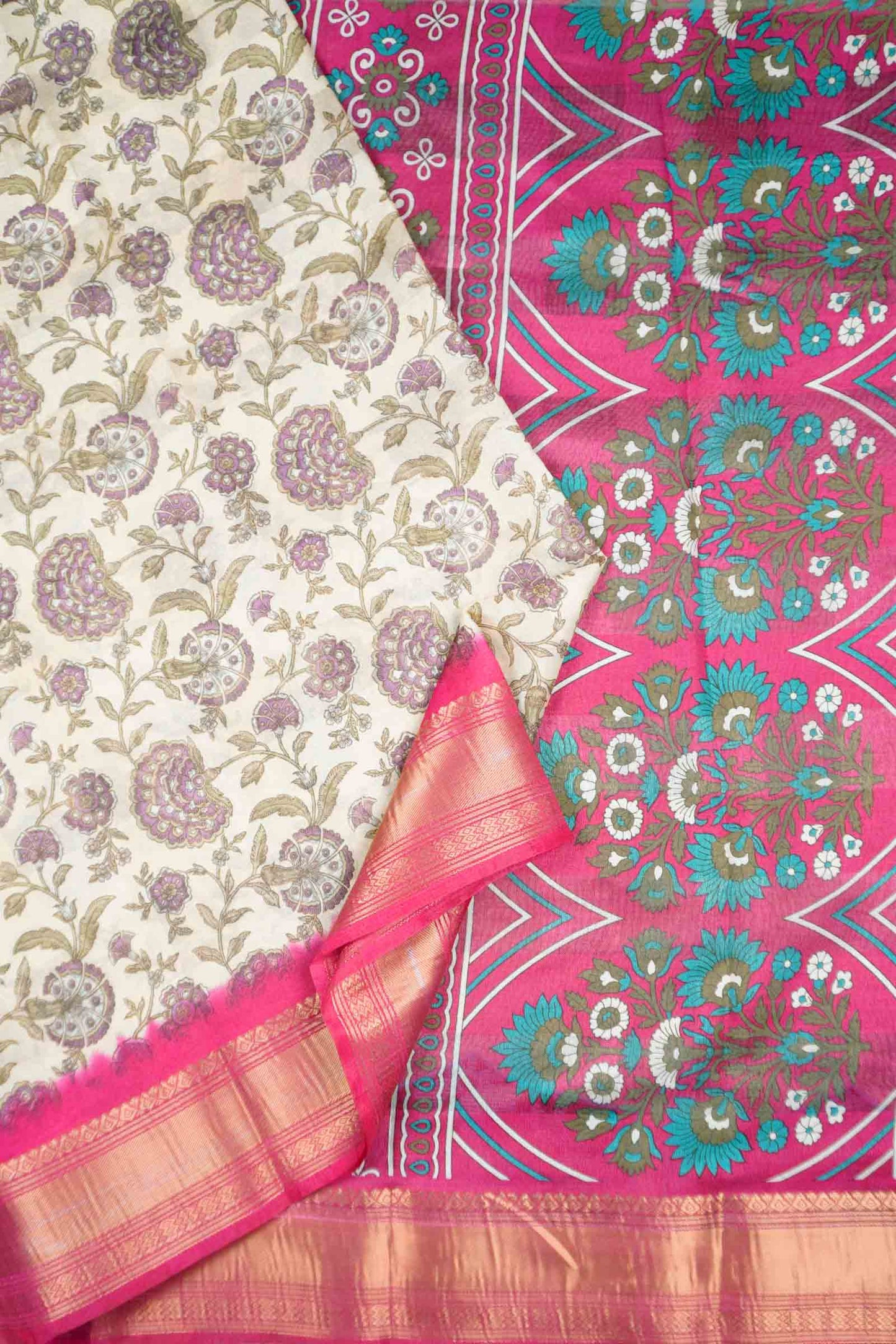 Off White Printed Cotton Bloom Power Pink Zari Border Saree