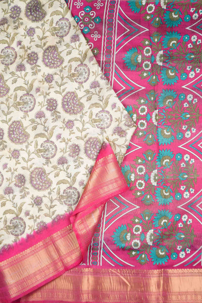 Off White Printed Cotton Bloom Power Pink Zari Border Saree