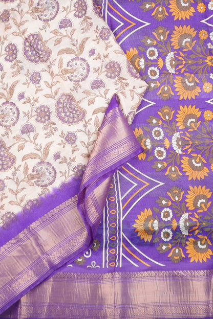 Off White Printed Cotton Floral Power Violet Zari Border Saree