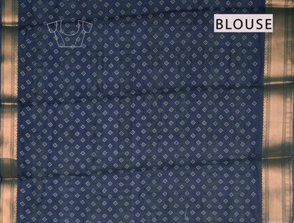 Royal Blue Printed Cotton Dot Florals Zari Border Saree